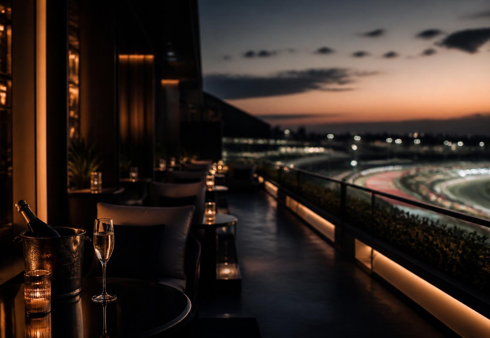Private F1 hospitality terrace overlooking a grand prix circuit at dusk